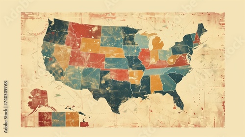 Vintage-Inspired Artistic Map of the United States with Grunge Texture