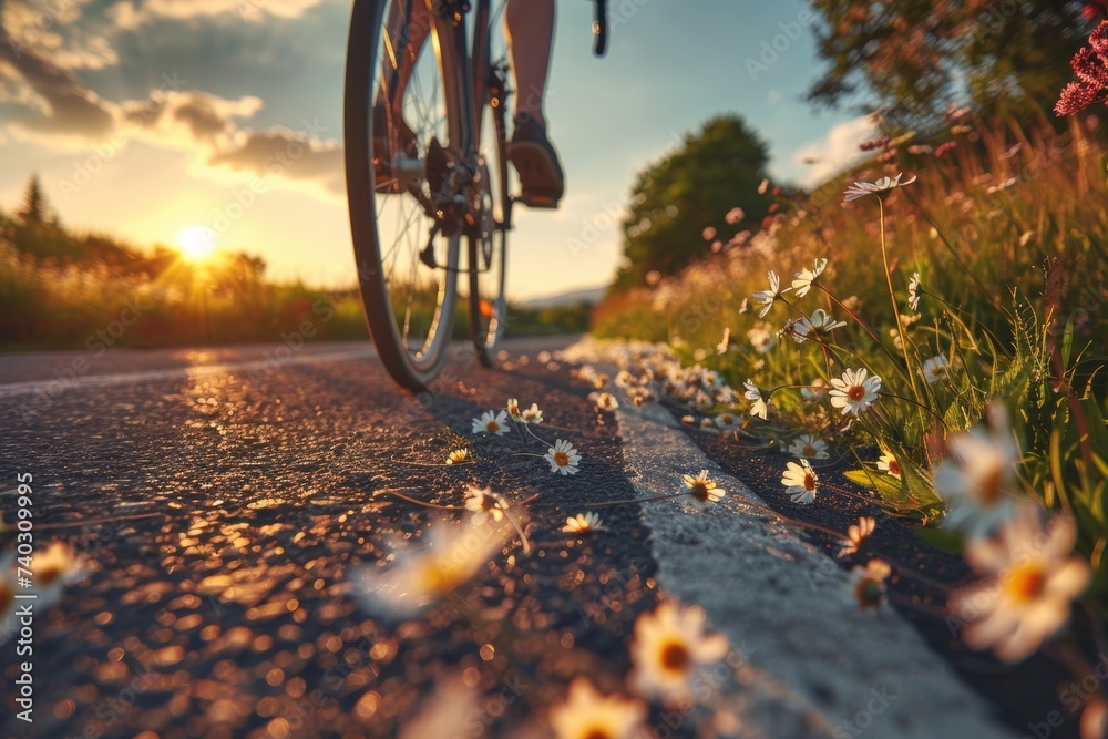 Close-up of a person enjoying a bike ride in a scenic countryside. - obrazy, fototapety, plakaty 
