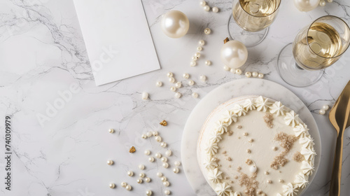 An elegant birthday flat lay on a white marble background, featuring champagne glasses, a sophisticated cake with gold accents, pearl decorations, and invitation