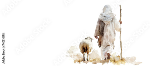 Shepherd Jesus Christ Taking Care of One Missing Lamb Watercolor Illustration Banner photo