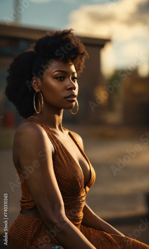 cinematic photo thinking black woman, realistic details, 