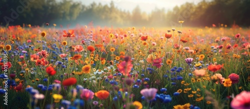 A stunning field filled with a variety of vibrant and colorful flowers, with tall trees in the background. photo