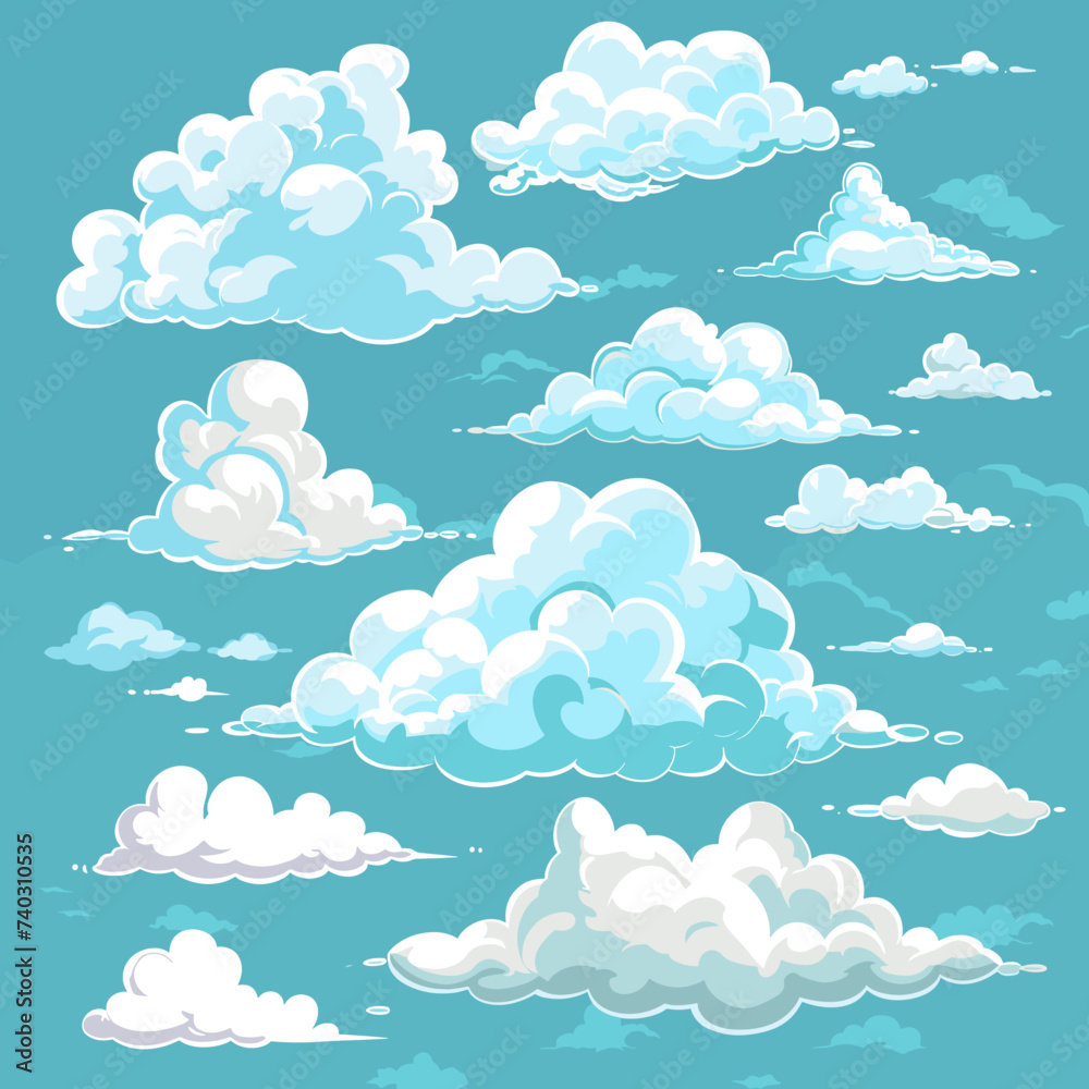 Cartoon cloud set. Clouds isolated on blue sky panorama vector collection, vector graphic Cartoon cloud set. Clouds isolated on blue sky panorama vector collection, vector graphic