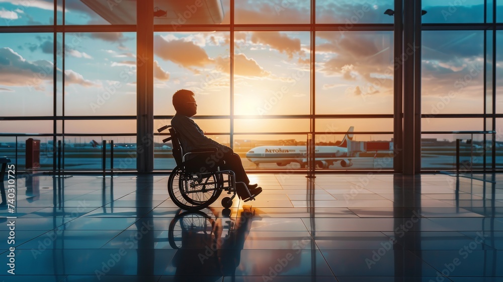 A silhouette of a person in a wheelchair against the vibrant sunset sky, wheeling towards the indoor airport with a cloud-like floor and a bicycle resting by the window