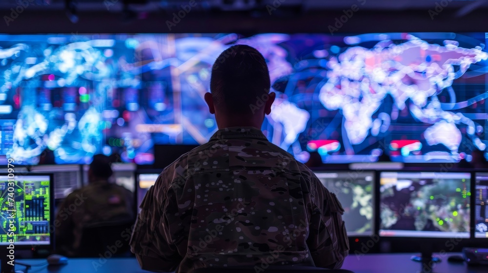 A soldier stands confidently in front of a massive display device, intently watching the live broadcast in his military attire, illuminated by the bright computer monitor displaying a plethora of mul