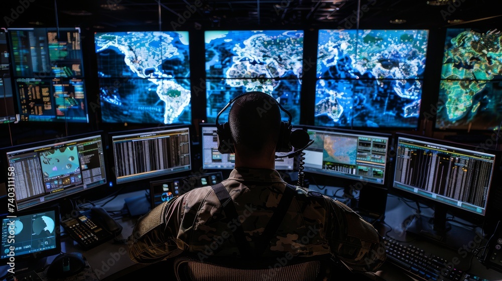 custom made wallpaper toronto digitalA stern soldier, dressed in his uniform, intently studies a series of screens, broadcasting crucial information and monitoring the indoor operations with precision on his computer monitors
