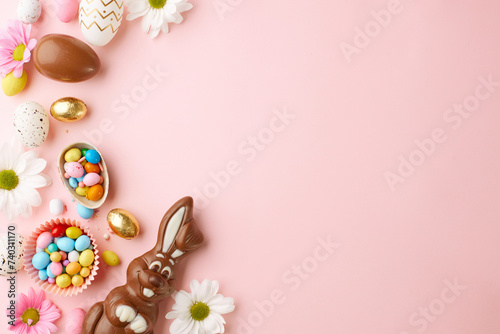 Сhocolate bunnies meet spring blossoms. Top view shot of chocolate Easter bunnies, assorted Easter eggs, and white flowers on pastel pink background with space for promotions or Easter greetings photo