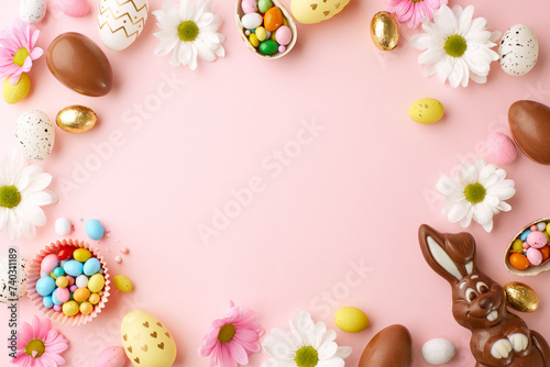 A hop into easter: whimsy in pastel pink. Top view shot of chocolate Easter eggs, chocolate bunny, flowers, Easter decorations on pastel pink background with space for holiday wishes or event details