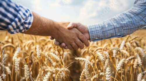 Two farmers seal their partnership in a golden wheat field, their hands embodying the hard work and promise of a bountiful harvest photo