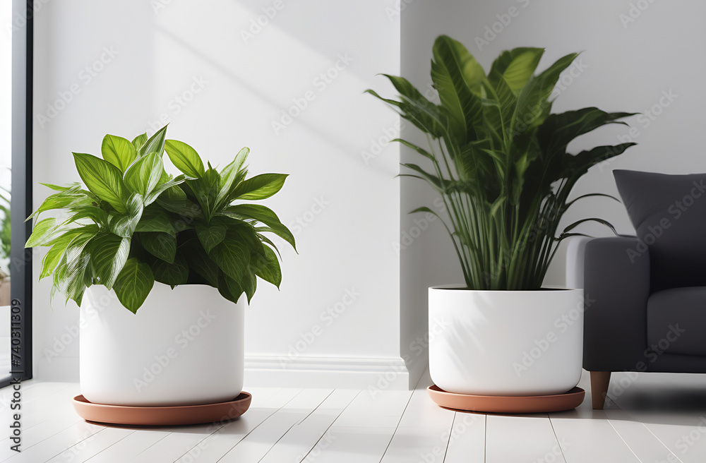 Indoor plants in pots complement the interior of the apartment, landscaping, plant growing and minimalist style