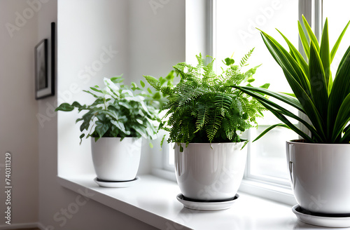 Indoor plants in pots complement the interior of the apartment, landscaping, plant growing and minimalist style