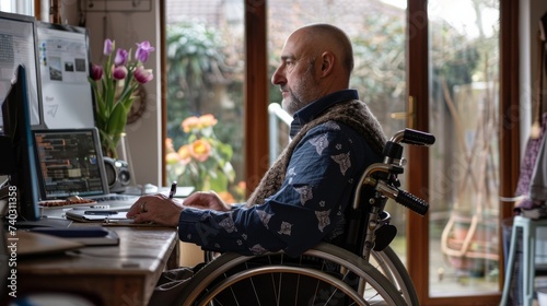 Despite his physical limitations, the determined man in the wheelchair sits by the window, surrounded by furniture and walls, pouring his heart onto paper through his words photo