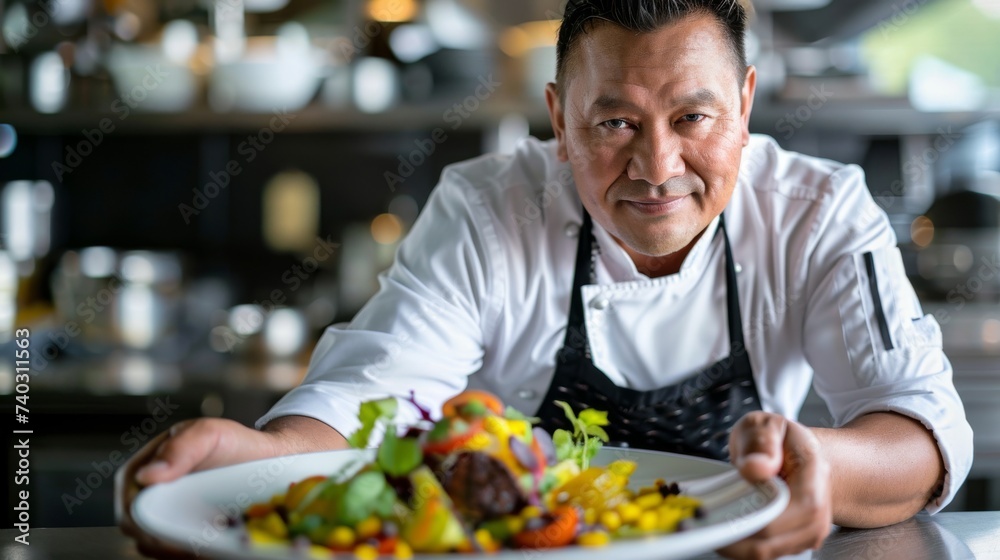 A chef in his kitchen, dressed in crisp white clothing, carefully prepares a mouth-watering meal of fresh vegetables on a plate with a look of determination on his face A chef in his kitchen, dressed in crisp white clothing, carefully prepares a mouth-watering meal of fresh vegetables on a plate with a look of determination on his face