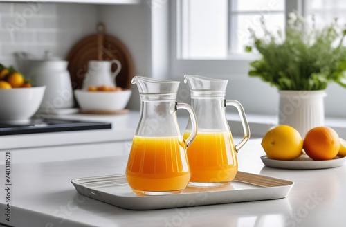 A glass carafe with fresh fruit juice stands on a tray in a bright kitchen