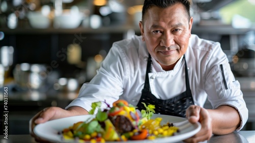 A chef in his kitchen  dressed in crisp white clothing  carefully prepares a mouth-watering meal of fresh vegetables on a plate with a look of determination on his face