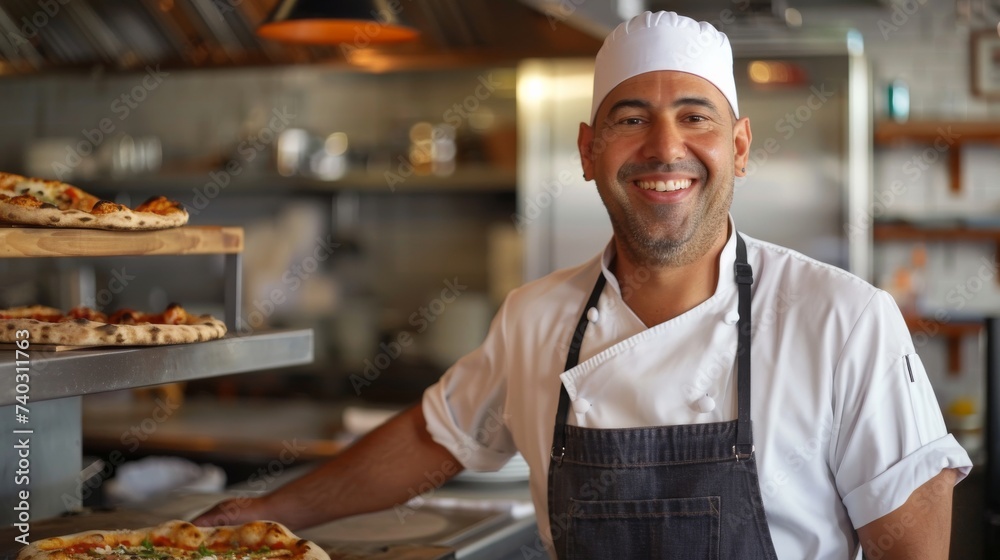 A cheerful chef in full uniform stands proudly in a bustling kitchen, surrounded by the savory smells of fresh baked goods and mouthwatering pizzas A cheerful chef in full uniform stands proudly in a bustling kitchen, surrounded by the savory smells of fresh baked goods and mouthwatering pizzas