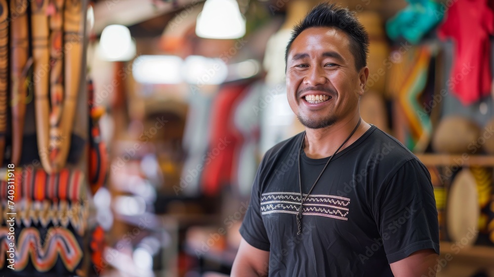 A stylish man beams with joy as he stands outside a store, his face and clothing exuding confidence and charm A stylish man beams with joy as he stands outside a store, his face and clothing exuding confidence and charm