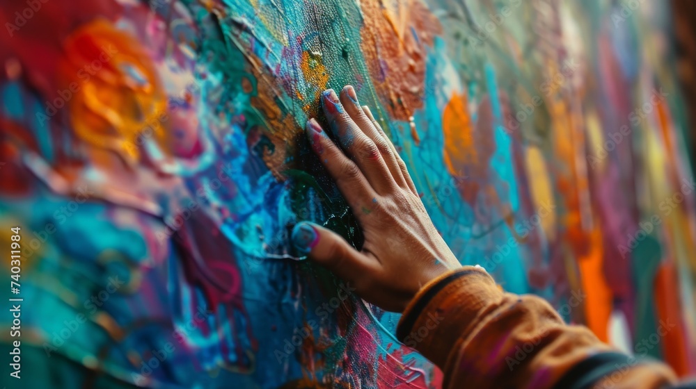 Obraz premium A solitary figure leaves a lasting impression on the blank canvas of a wall, their hand imbuing the space with the raw power and expression of visual arts