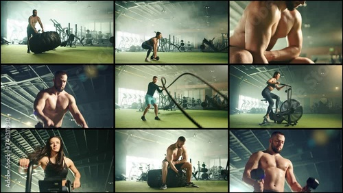 A collage of 9 videos featuring professional athletes engaging in various sports within a beautiful gym. The compilation showcases men and women performing arm and leg exercises using equipment