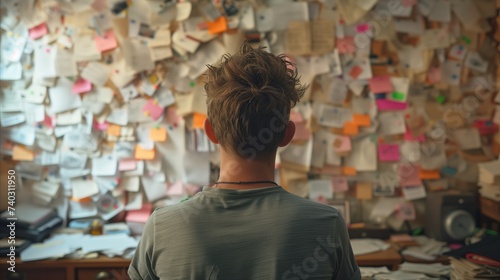 Overwhelmed person in front of a chaotic bulletin board full of notes