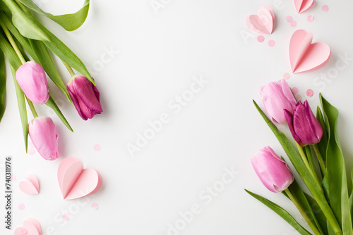 Fototapeta Naklejka Na Ścianę i Meble -  Petal promenade: spring’s vibrant heralds. Top view photo of pink and purple tulips, with paper hearts on a white background with space for festive greetings