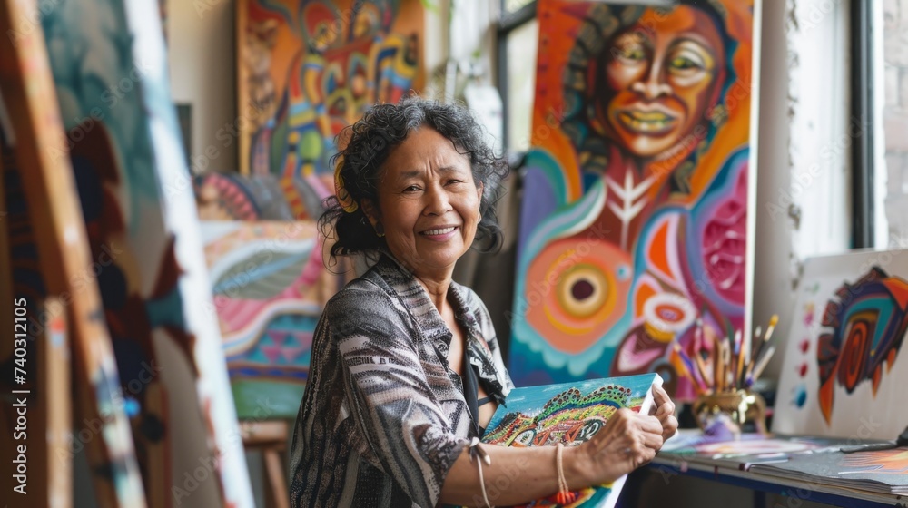 A woman's smile radiates as she stands amidst captivating paintings, holding a book and admiring the intricate details of each human face depicted through the visual arts