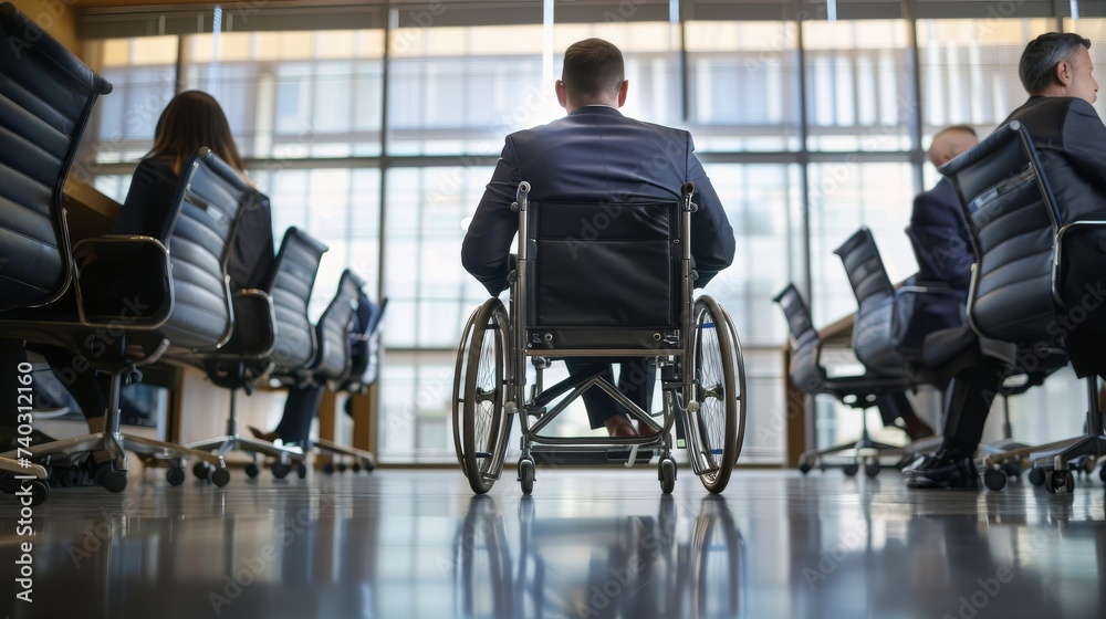 A disabled man sits in his wheelchair, dressed in stylish clothing, indoors on the wooden floor surrounded by furniture