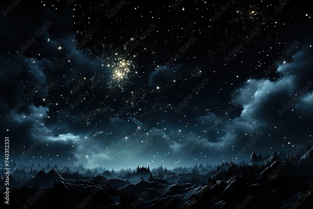 Fototapeta premium Sprawling night sky is filled with countless twinkling stars and fluffy clouds, creating a mesmerizing cosmic display