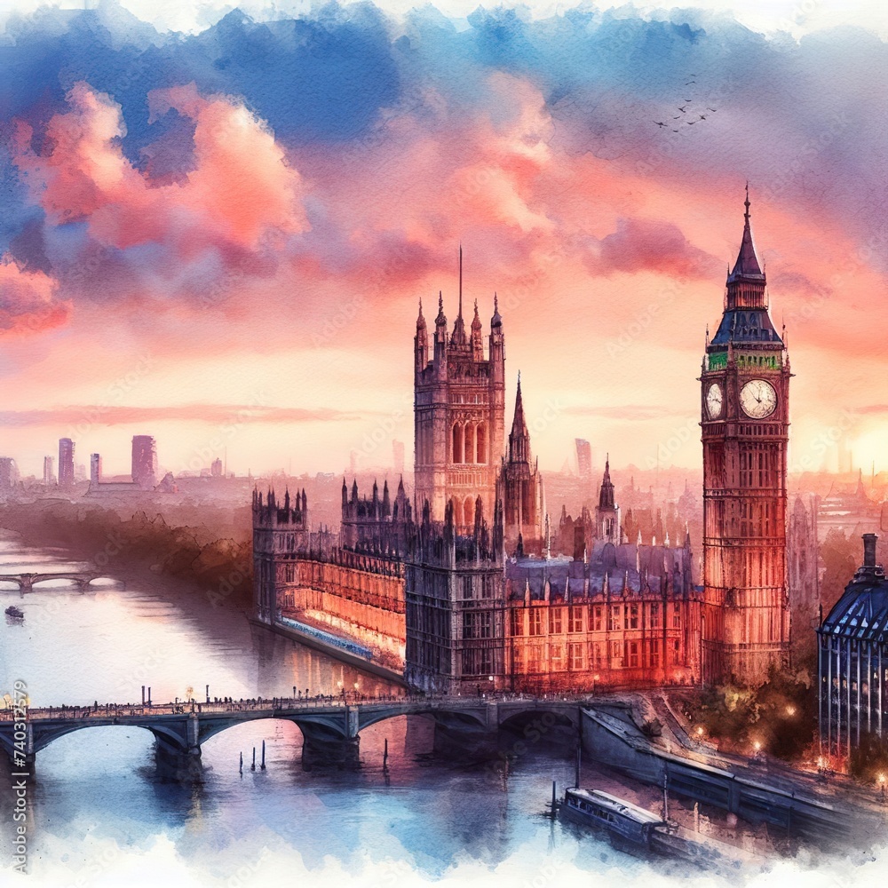 A Watercolor Panorama of Sunset Over Westminster.