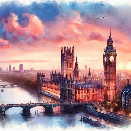Fotografie, Obraz A Watercolor Panorama of Sunset Over Westminster.