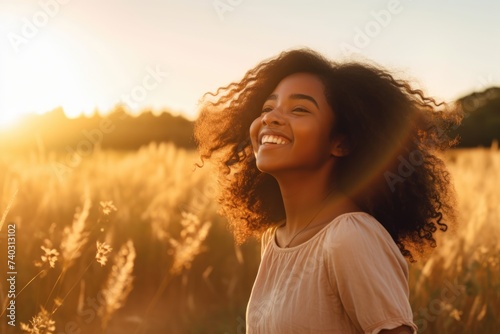 Sunkissed Serenity - Woman Embracing the Sunset. African American woman with a radiant smile enjoying the warmth of the sunset in a field. © Anatolii