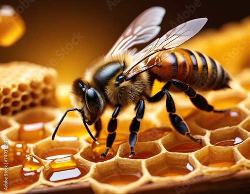 A closeup of a honeybee, an arthropod pollinator, on a honeycomb. The macro photography captures the intricate details of this membranewinged insect