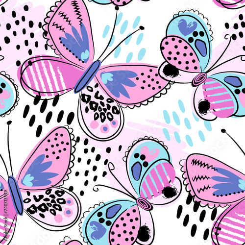 Abstract seamless pattern for girls with colorful butterfly. Fashion illustration in modern style. Girlish print