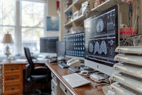 Medical office with advanced diagnostic imaging monitors displaying brain scans photo