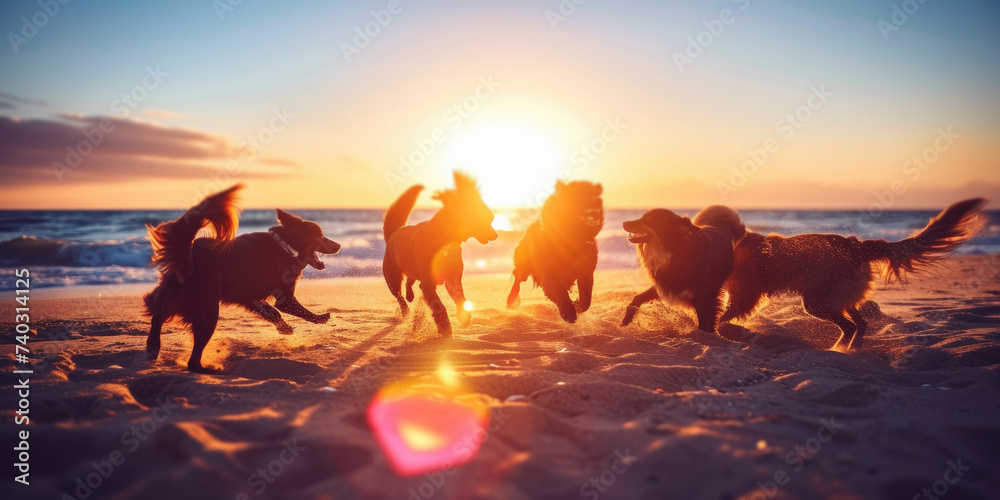 long shot of pets (dogs) playing on the beach running, sunrise, wild beach nature , backlit photography, Golden Retriever running, splashing, swimming and full of joy in the sunshine sunrise.  - obrazy, fototapety, plakaty 
