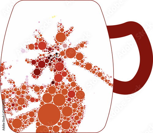 Eine weiße Tasse, dekoriert mit einer abstrakten Blume, die aus roten, orangefarbenen und schwarzen Punkten und Kreisen gestaltet ist. Als Überlagerung, Symbol, Gestaltungselement