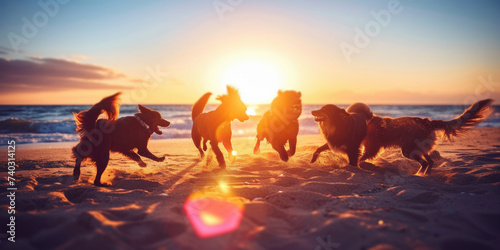 long shot of pets (dogs) playing on the beach running, sunrise, wild beach nature , backlit photography, Golden Retriever running, splashing, swimming and full of joy in the sunshine sunrise. 