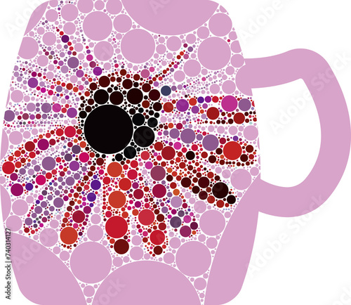 Eine rosafarben-weiße Tasse, dekoriert mit einer abstrakten Blüte, die aus farbigen Punkten und Kreisen gestaltet ist. Als Überlagerung, Overlay, Symbol oder Hintergrund