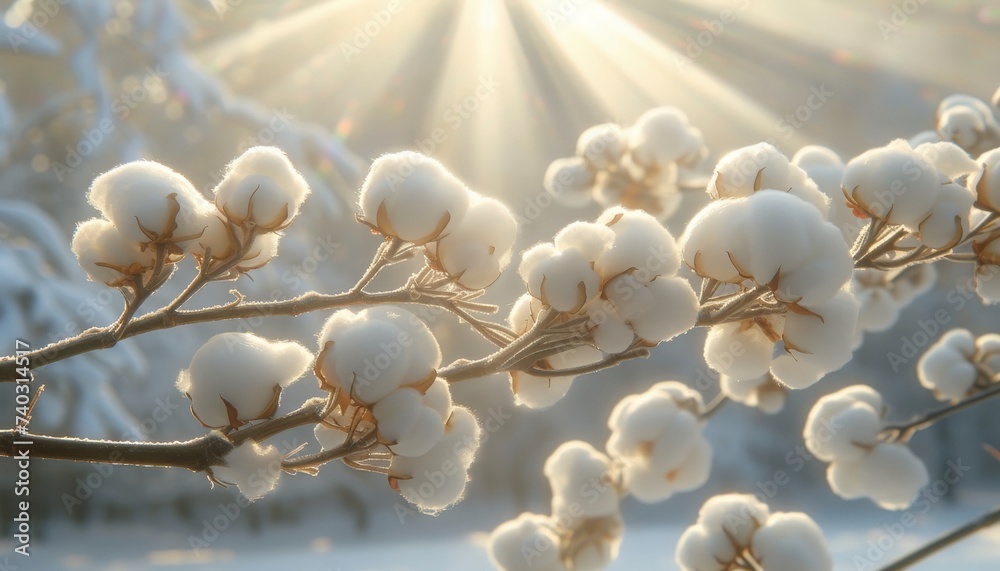 Cotton balls closeup on branch under summer sunshine rays in field, with ample space for text
