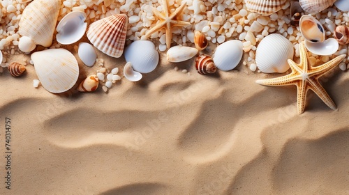 Top view of sandy beach with white and beige seashells and starfish for summer travel design