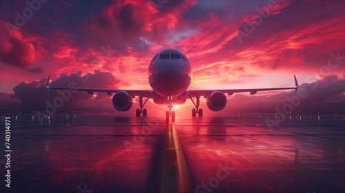 Commercial airplane on runway during vibrant sunset, travel concept