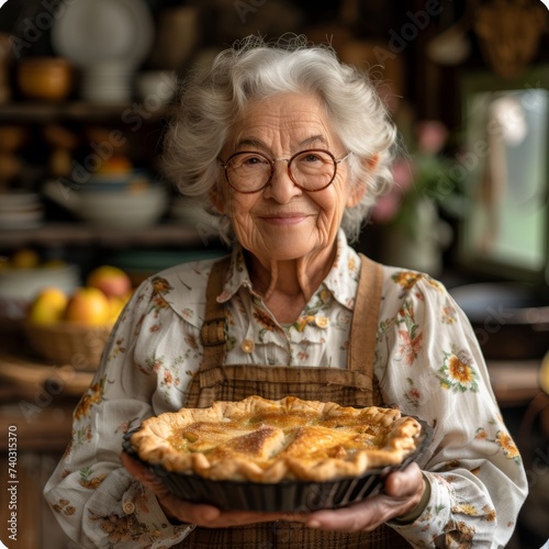 Smiling grandma holding apple pie