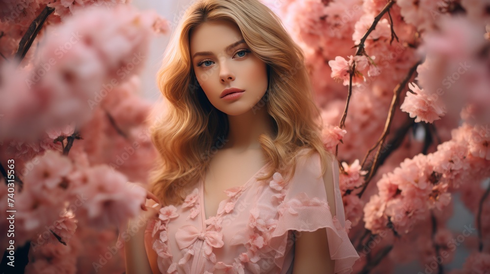 Woman Standing Under Tree With Pink Flowers Woman Standing Under Tree With Pink Flowers