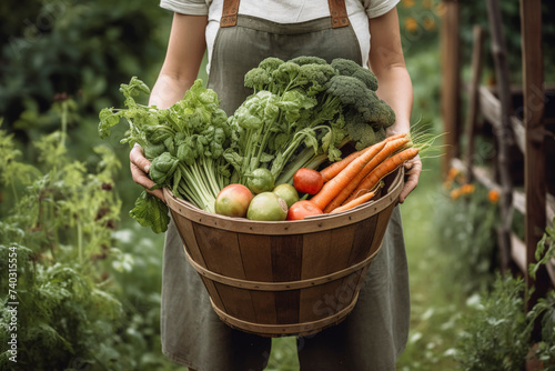 Person holding wooden basket full of fresh vegetables. © spyrakot