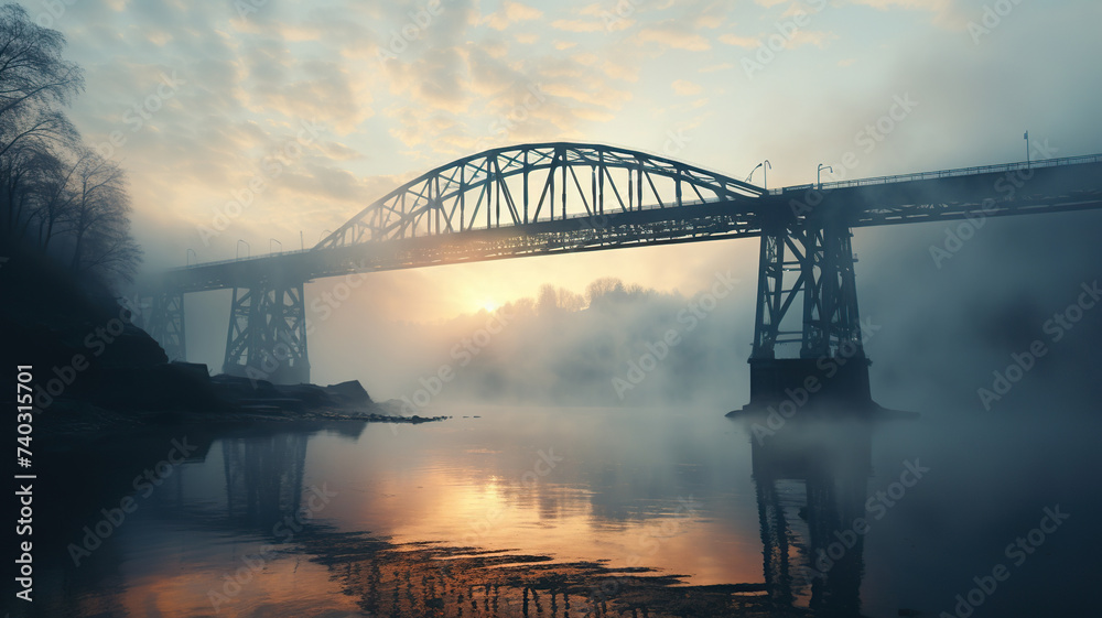 A beautiful large bridge over the river in the fog at sunset, dawn. Generated by artificial intelligence