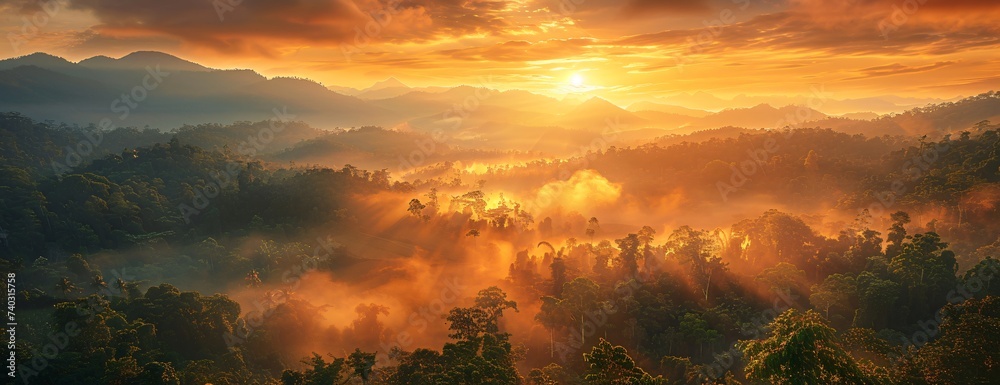 Dramatic sunrise sun flaring above mist filled valleys, illuminating dense forest