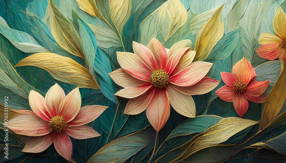 3d render, abstract floral background with dahlia flowers and leaves