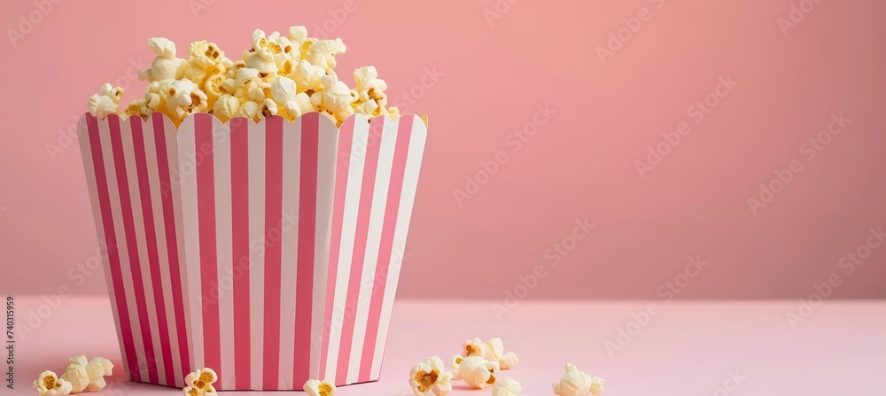 Scattering delicious popcorn from pink striped box on pastel light background with copy space
