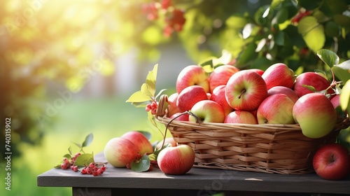 Fresh ripe red apples in wooden basket
