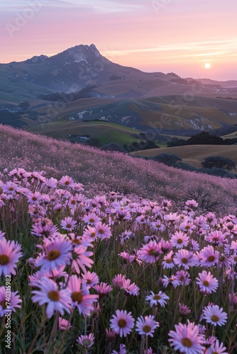 Sunset over hill blanketed in vibrant pink flowers, radiant beams lighting sky